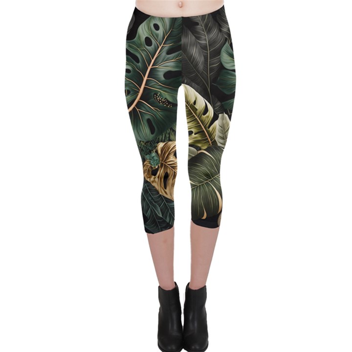 Tropical Leaves Foliage Monstera Nature Home Pattern Capri Leggings 