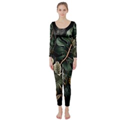 Tropical Leaves Foliage Monstera Nature Home Pattern Long Sleeve Catsuit