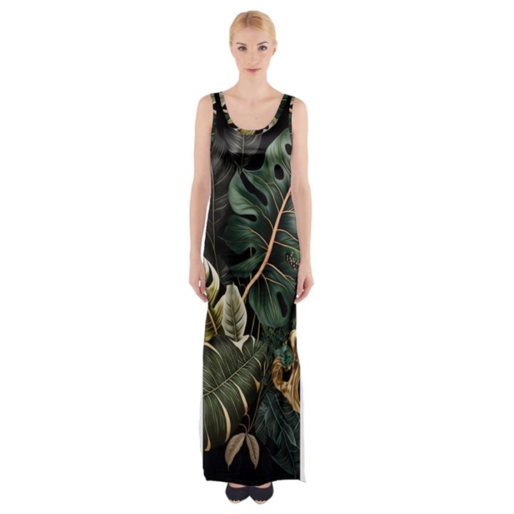 Tropical Leaves Foliage Monstera Nature Home Pattern Thigh Split Maxi Dress