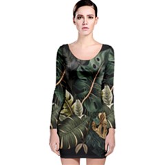 Tropical Leaves Foliage Monstera Nature Home Pattern Long Sleeve Velvet Bodycon Dress by Jancukart