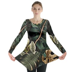 Tropical Leaves Foliage Monstera Nature Home Pattern Long Sleeve Tunic 