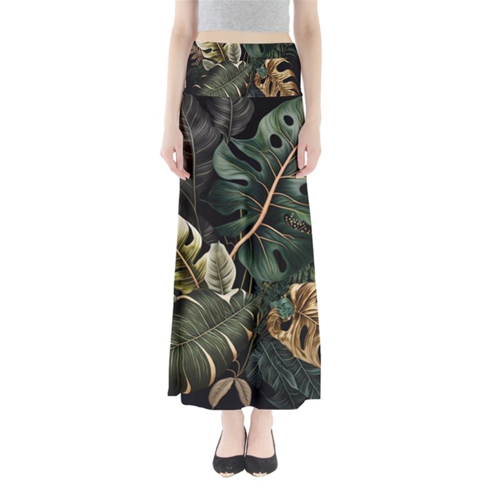 Tropical Leaves Foliage Monstera Nature Home Pattern Full Length Maxi Skirt