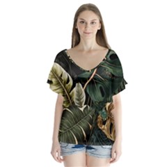 Tropical Leaves Foliage Monstera Nature Home Pattern V-neck Flutter Sleeve Top