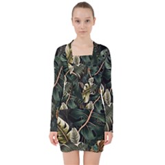 Tropical Leaves Foliage Monstera Nature Home Pattern V-neck Bodycon Long Sleeve Dress