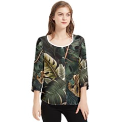 Tropical Leaves Foliage Monstera Nature Home Pattern Chiffon Quarter Sleeve Blouse