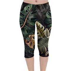 Tropical Leaves Foliage Monstera Nature Home Pattern Velvet Capri Leggings 