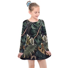 Tropical Leaves Foliage Monstera Nature Home Pattern Kids  Long Sleeve Dress