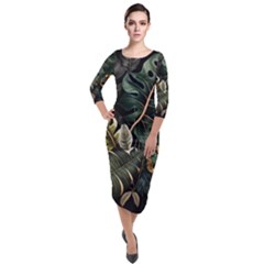 Tropical Leaves Foliage Monstera Nature Home Pattern Quarter Sleeve Midi Velour Bodycon Dress