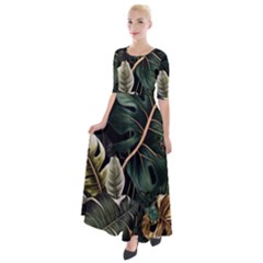 Tropical Leaves Foliage Monstera Nature Home Pattern Half Sleeves Maxi Dress