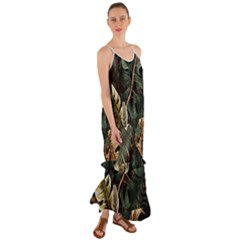 Tropical Leaves Foliage Monstera Nature Home Pattern Cami Maxi Ruffle Chiffon Dress