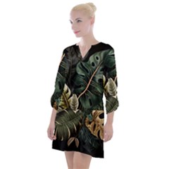 Tropical Leaves Foliage Monstera Nature Home Pattern Open Neck Shift Dress