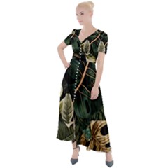 Tropical Leaves Foliage Monstera Nature Home Pattern Button Up Short Sleeve Maxi Dress