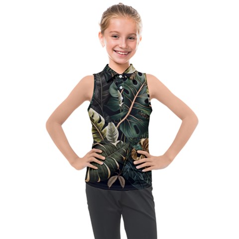 Tropical Leaves Foliage Monstera Nature Home Pattern Kids  Sleeveless Polo Tee by Jancukart