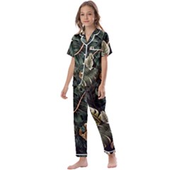 Tropical Leaves Foliage Monstera Nature Home Pattern Kids  Satin Short Sleeve Pajamas Set