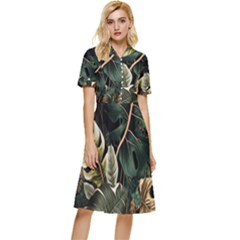 Tropical Leaves Foliage Monstera Nature Home Pattern Button Top Knee Length Dress