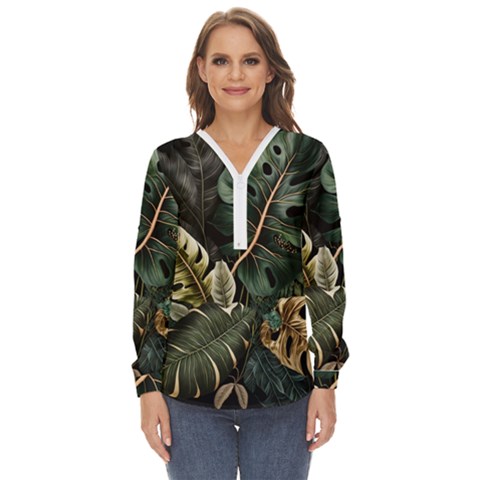 Tropical Leaves Foliage Monstera Nature Home Pattern Zip Up Long Sleeve Blouse by Jancukart