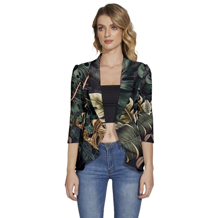 Tropical Leaves Foliage Monstera Nature Home Pattern Women s 3/4 Sleeve Ruffle Edge Open Front Jacket