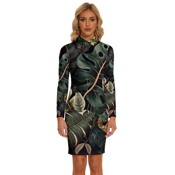 Tropical Leaves Foliage Monstera Nature Home Pattern Long Sleeve Shirt Collar Bodycon Dress