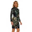 Tropical Leaves Foliage Monstera Nature Home Pattern Long Sleeve Shirt Collar Bodycon Dress View3