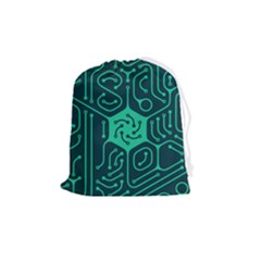 Circuit Hexagonal Geometric Pattern Background Green Drawstring Pouch (medium)