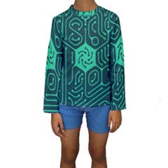 Circuit Hexagonal Geometric Pattern Background Green Kids  Long Sleeve Swimwear by Jancukart