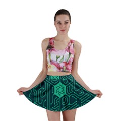 Circuit Hexagonal Geometric Pattern Background Green Mini Skirt