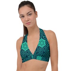 Circuit Hexagonal Geometric Pattern Background Green Halter Plunge Bikini Top