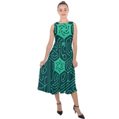 Circuit Hexagonal Geometric Pattern Background Green Midi Tie-back Chiffon Dress by Jancukart