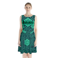 Circuit Hexagonal Geometric Pattern Background Green Sleeveless Waist Tie Chiffon Dress