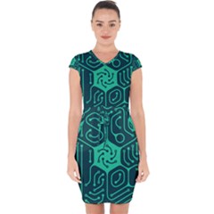 Circuit Hexagonal Geometric Pattern Background Green Capsleeve Drawstring Dress  by Jancukart