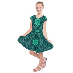 Circuit Hexagonal Geometric Pattern Background Green Kids  Short Sleeve Dress by Jancukart