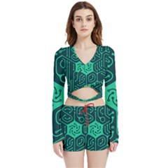 Circuit Hexagonal Geometric Pattern Background Green Velvet Wrap Crop Top And Shorts Set