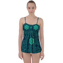 Circuit Hexagonal Geometric Pattern Background Green Babydoll Tankini Set