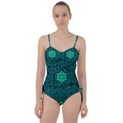 Circuit Hexagonal Geometric Pattern Background Green Sweetheart Tankini Set