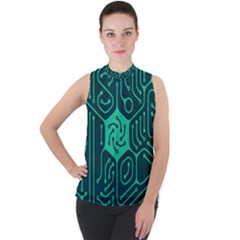 Circuit Hexagonal Geometric Pattern Background Green Mock Neck Chiffon Sleeveless Top by Jancukart