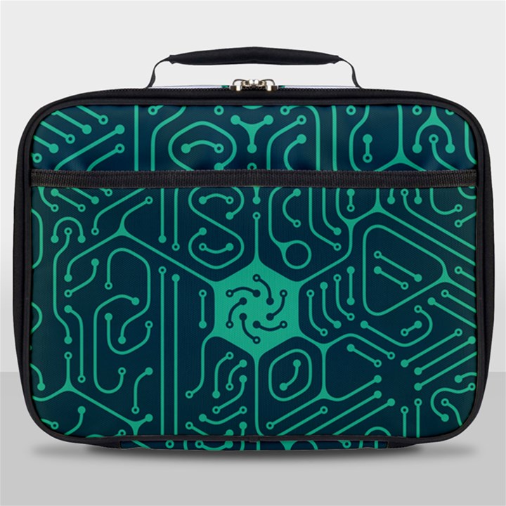 Circuit Hexagonal Geometric Pattern Background Green Full Print Lunch Bag