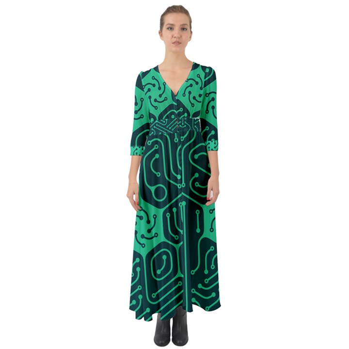 Circuit Hexagonal Geometric Pattern Background Green Button Up Boho Maxi Dress