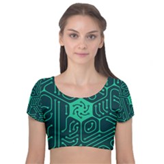 Circuit Hexagonal Geometric Pattern Background Green Velvet Short Sleeve Crop Top  by Jancukart