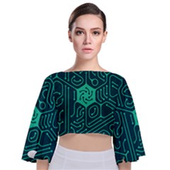 Circuit Hexagonal Geometric Pattern Background Green Tie Back Butterfly Sleeve Chiffon Top