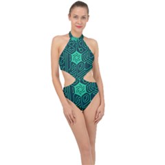 Circuit Hexagonal Geometric Pattern Background Green Halter Side Cut Swimsuit by Jancukart