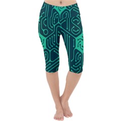 Circuit Hexagonal Geometric Pattern Background Green Lightweight Velour Cropped Yoga Leggings