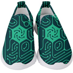 Circuit Hexagonal Geometric Pattern Background Green Kids  Slip On Sneakers