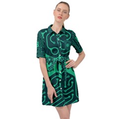 Circuit Hexagonal Geometric Pattern Background Green Belted Shirt Dress by Jancukart