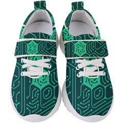 Circuit Hexagonal Geometric Pattern Background Green Kids  Velcro Strap Shoes by Jancukart