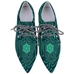 Circuit Hexagonal Geometric Pattern Background Green Pointed Oxford Shoes by Jancukart