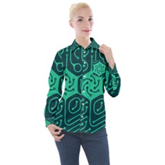 Circuit Hexagonal Geometric Pattern Background Green Women s Long Sleeve Pocket Shirt