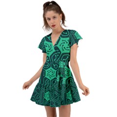 Circuit Hexagonal Geometric Pattern Background Green Flutter Sleeve Wrap Dress