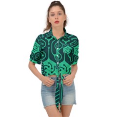 Circuit Hexagonal Geometric Pattern Background Green Tie Front Shirt 