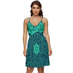 Circuit Hexagonal Geometric Pattern Background Green V-neck Pocket Summer Dress 