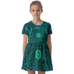 Circuit Hexagonal Geometric Pattern Background Green Kids  Short Sleeve Pinafore Style Dress by Jancukart